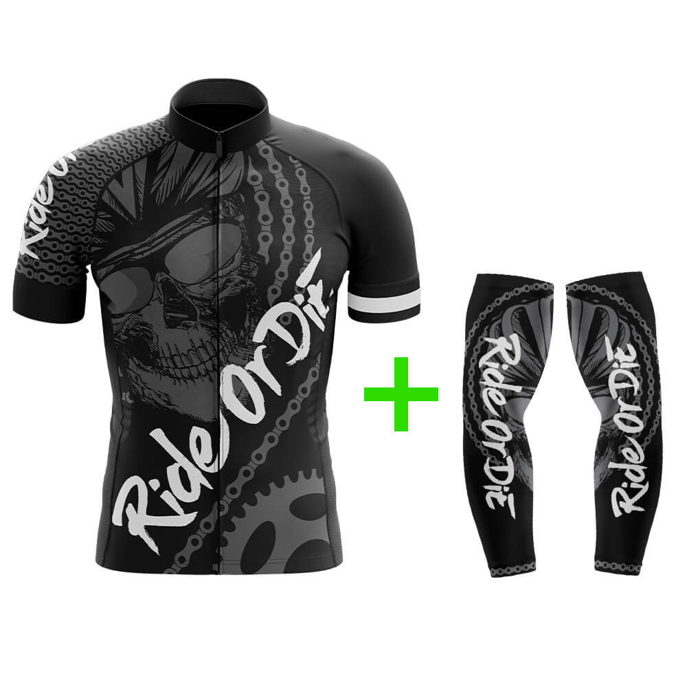Cool Cycling Jersey With Arm Sleeves Ride Or Die V4 Black White Grey Skull Mens Bike Jersey