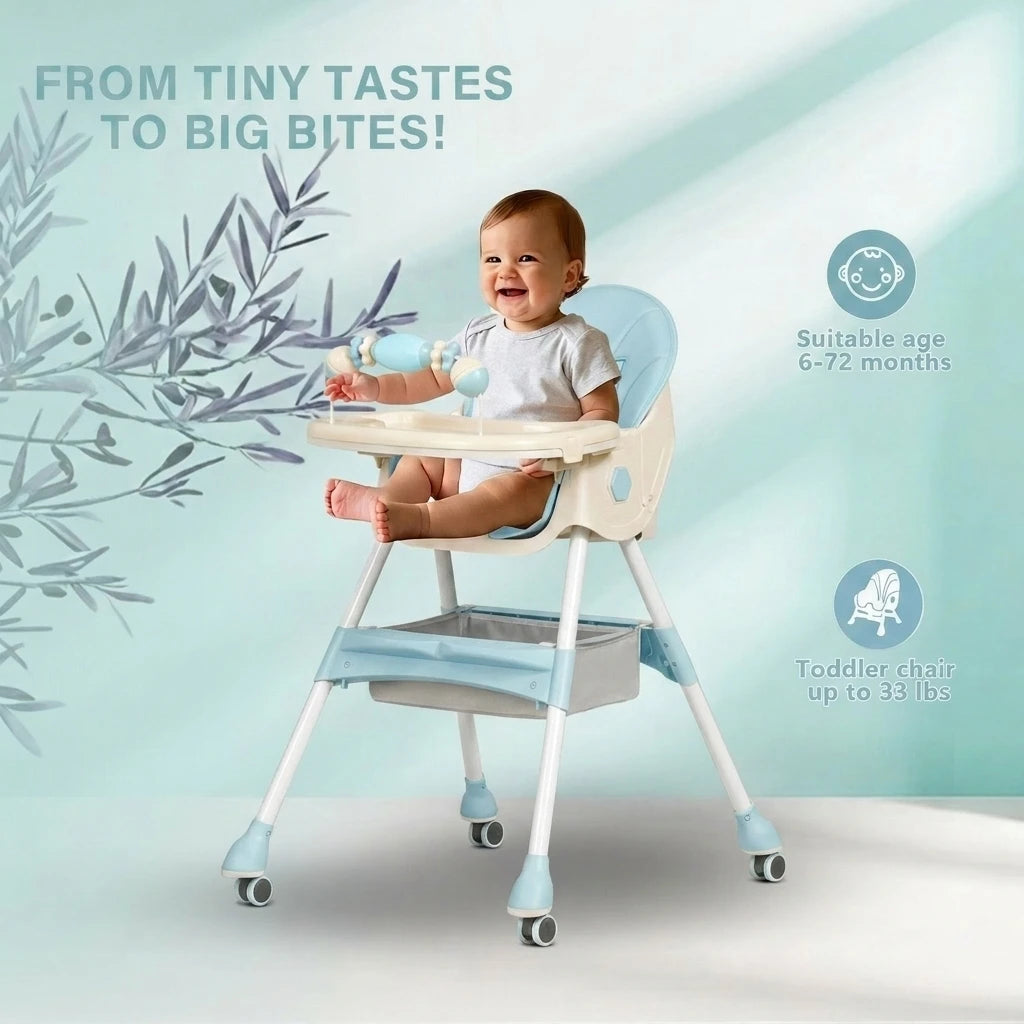 Adjustable Folding Baby High Chair with Wheels, Removable Tray  Safety Harness, Toddler Feeding Chair with Dining Set for Kids
