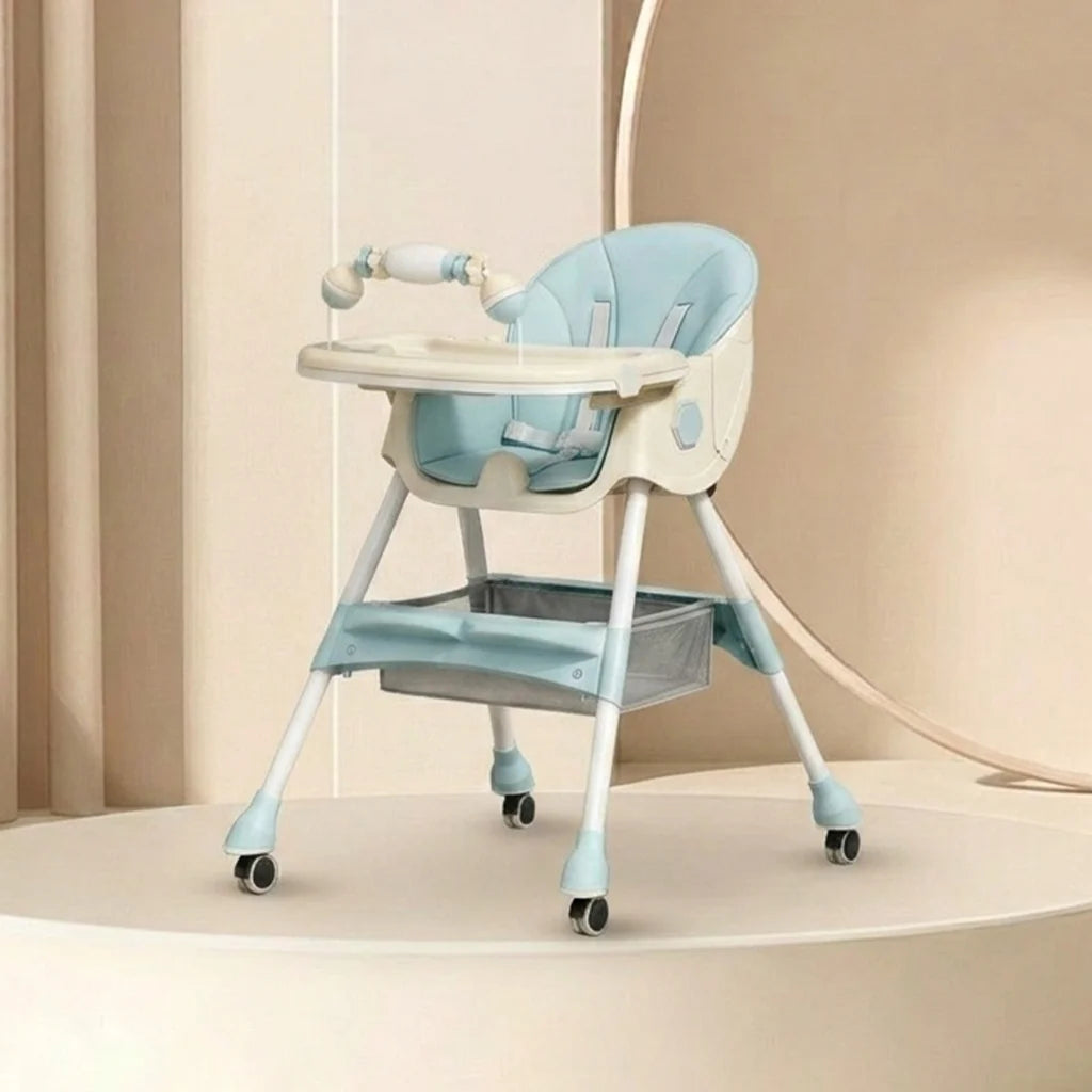 Adjustable Folding Baby High Chair with Wheels, Removable Tray  Safety Harness, Toddler Feeding Chair with Dining Set for Kids