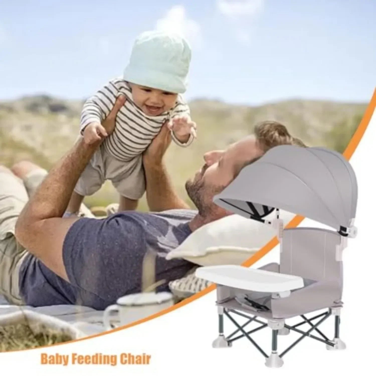 Portable Baby Feeding Chair Folding Raised Seat with Sunshade Feeding Chair and Removable Tray for Traveling Lawn Beach Outdoor