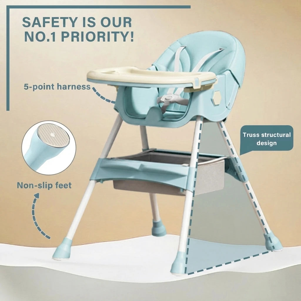 Adjustable Folding Baby High Chair with Wheels, Removable Tray  Safety Harness, Toddler Feeding Chair with Dining Set for Kids